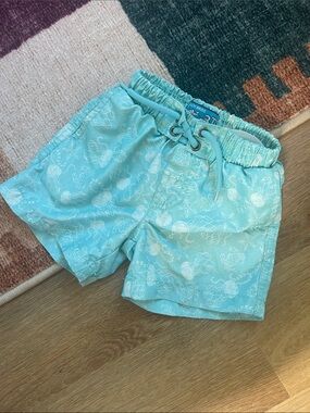 Light Aqua Kids Swim Trunks with Sea Print